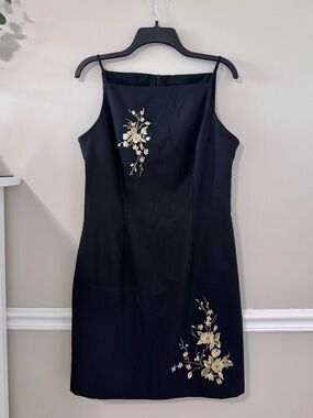 Black Spaghetti Strap Dress with Gold Floral Embroidery